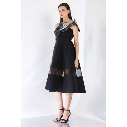 Ozeqo Black Fit and Flare Embroidered Dress and Wrap