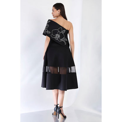 Ozeqo Black Fit and Flare Embroidered Dress and Wrap