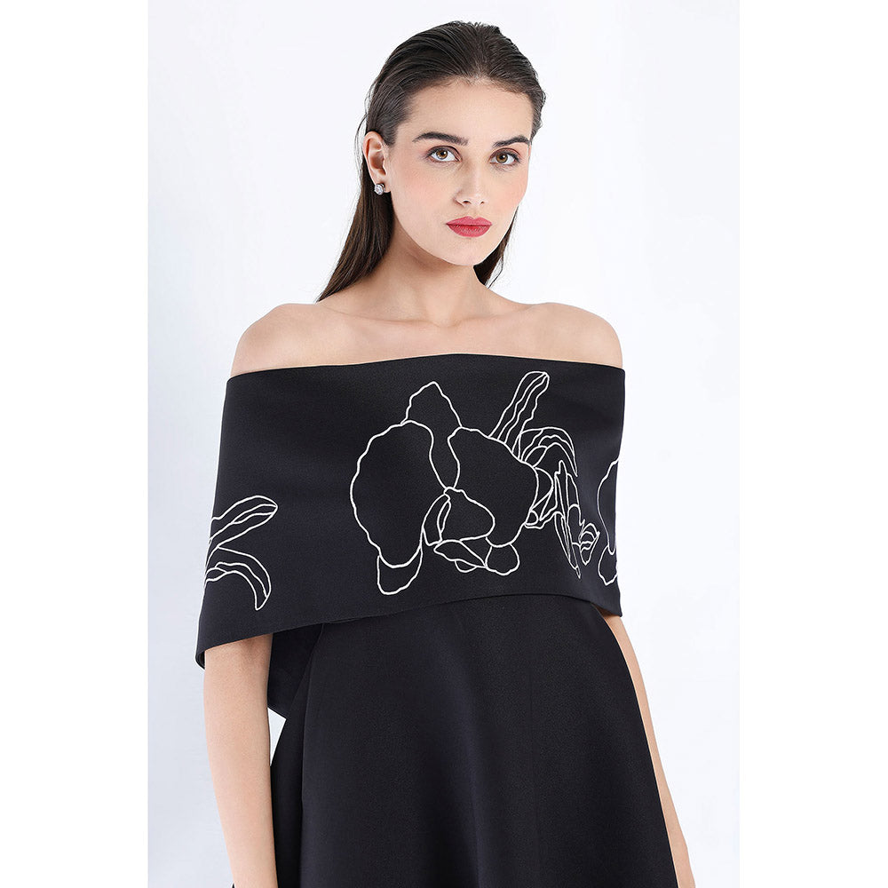 Ozeqo Black Fit and Flare Embroidered Dress and Wrap