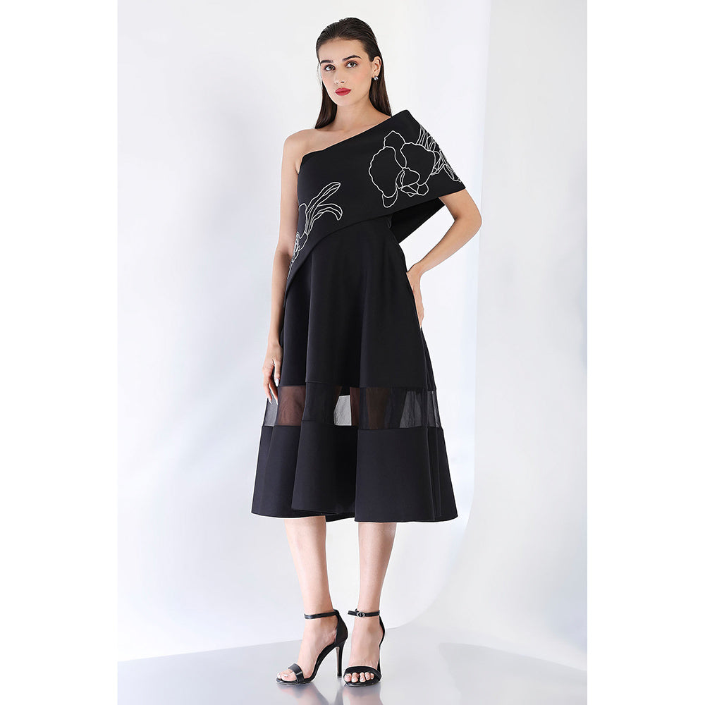 Ozeqo Black Fit and Flare Embroidered Dress and Wrap