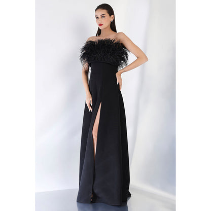 Ozeqo Black Solid Fur Maxi Dress and Wrap