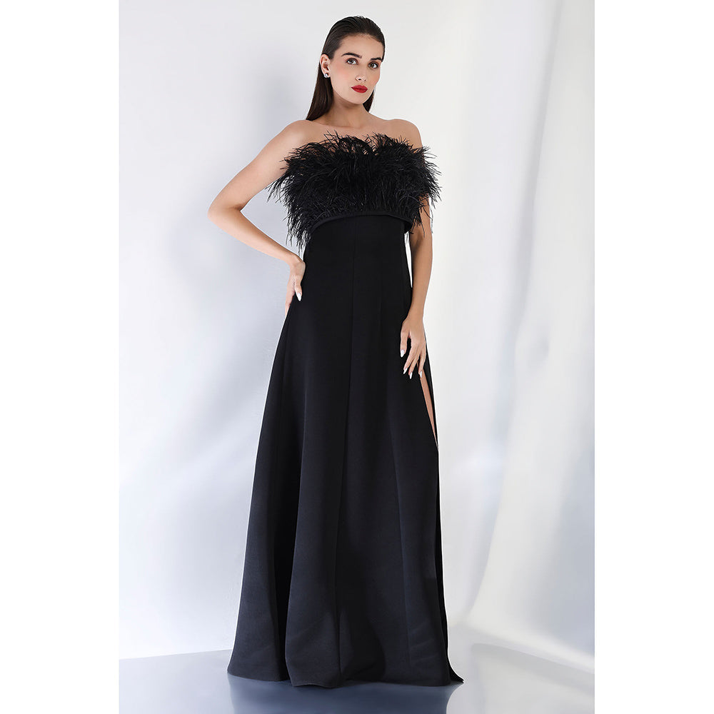 Ozeqo Black Solid Fur Maxi Dress and Wrap