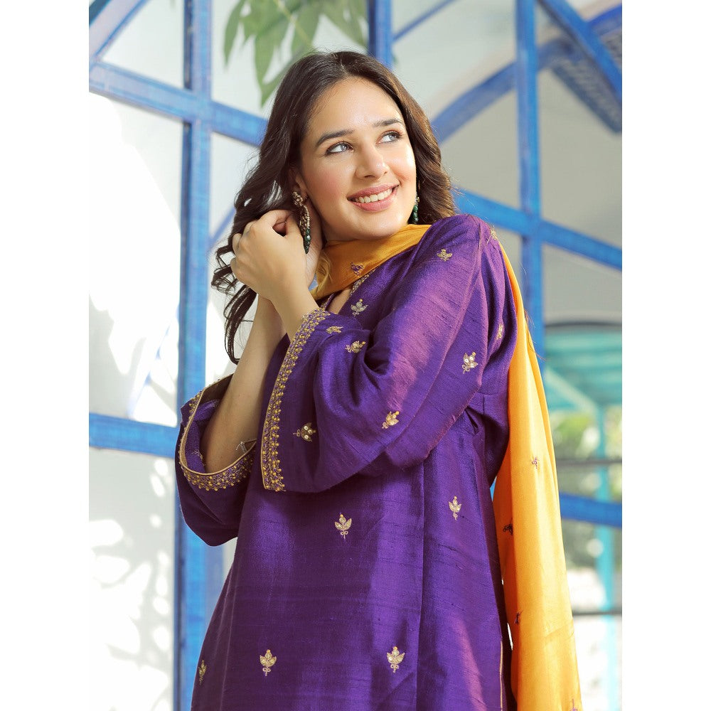 Pairaahan Nairab Silk Purple Hand Embroiderd Kurta (Set of 3)