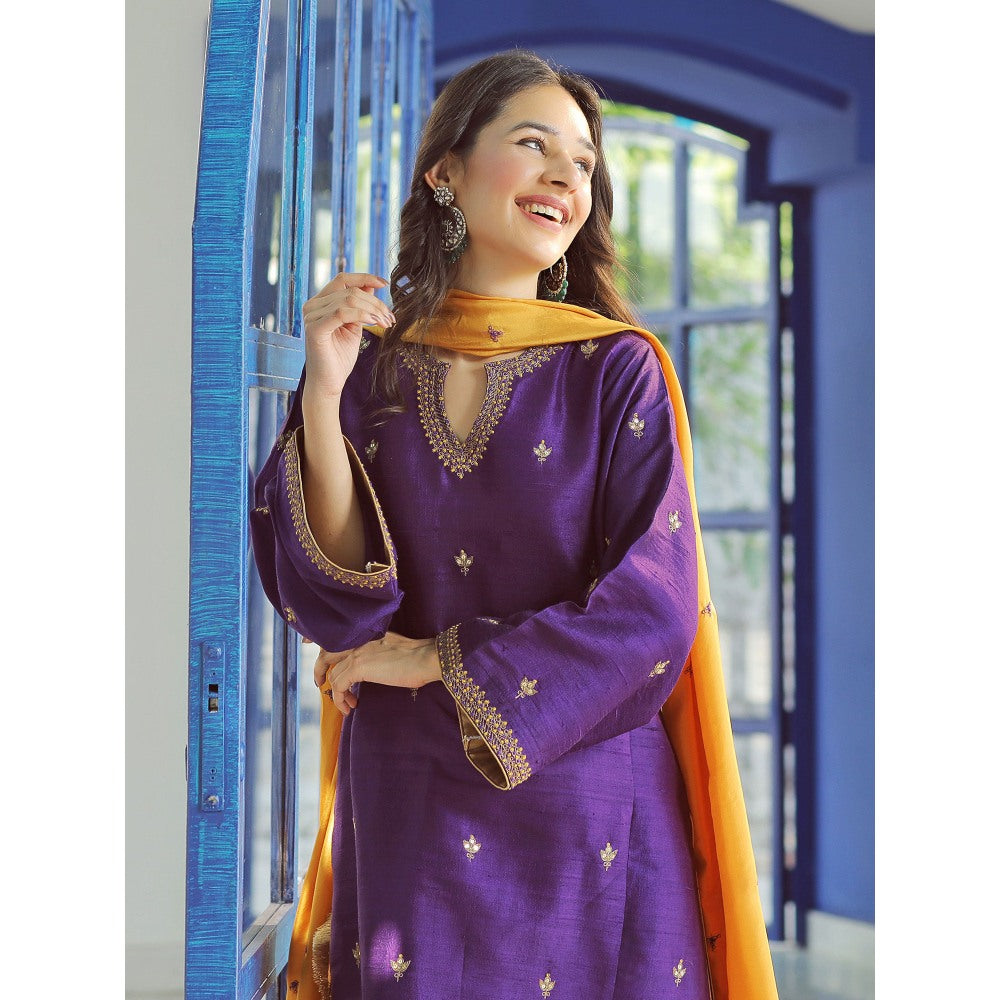 Pairaahan Nairab Silk Purple Hand Embroiderd Kurta (Set of 3)