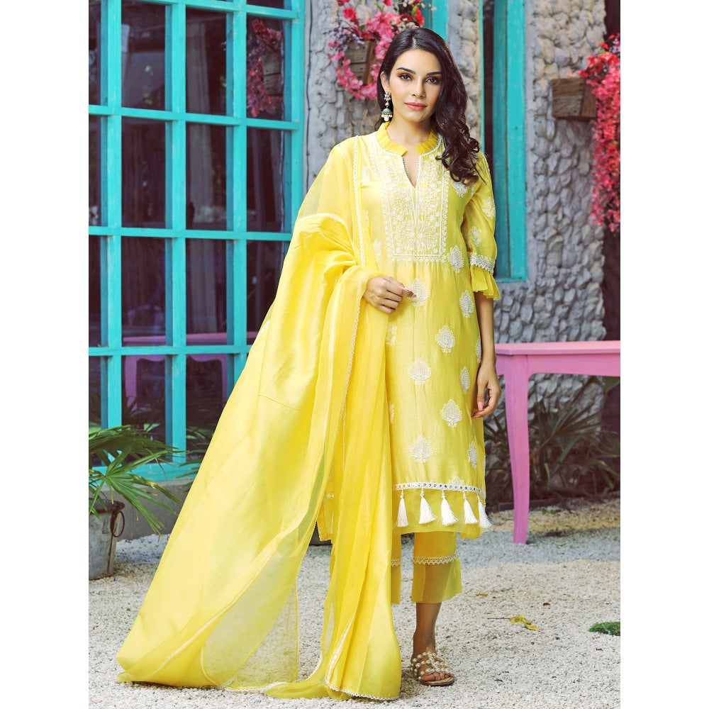 Pairaahan Sorin Chanderi Silk Hand Embroidered Yellow (Set of 3)