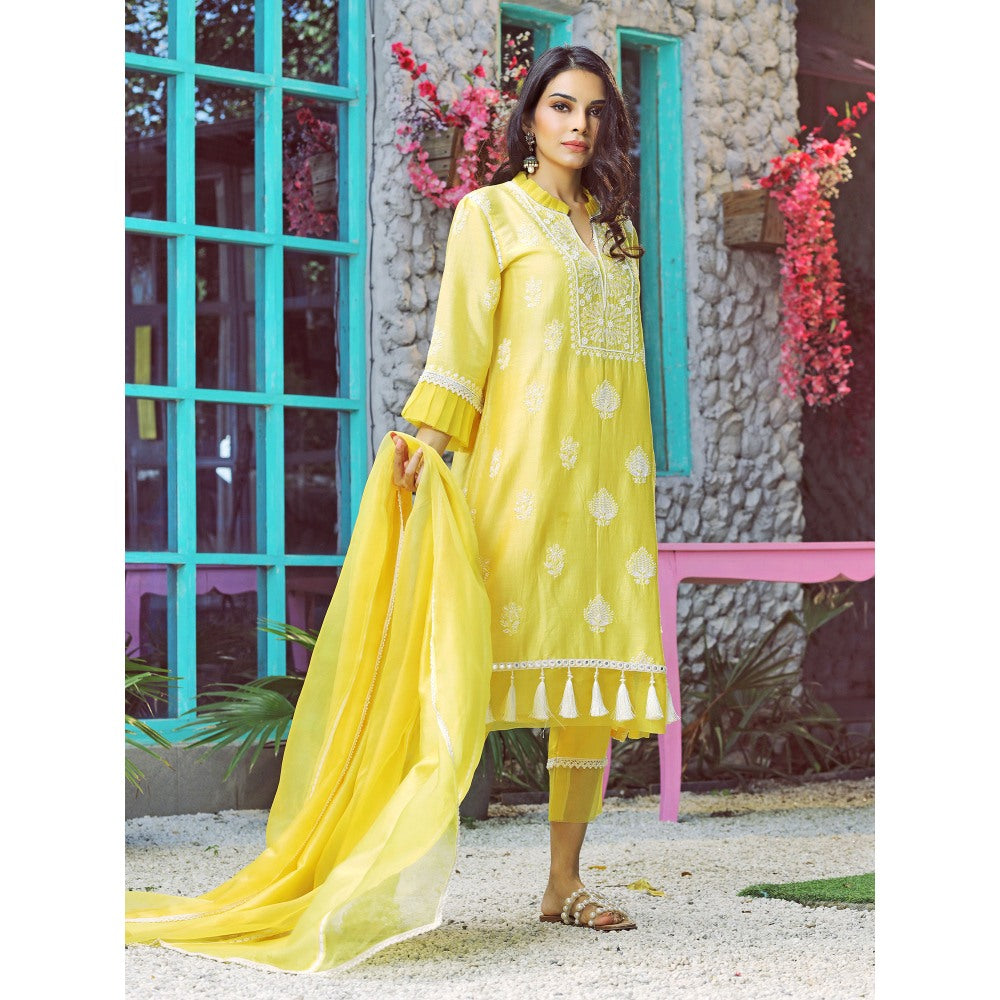 Pairaahan Sorin Chanderi Silk Hand Embroidered Yellow (Set of 3)