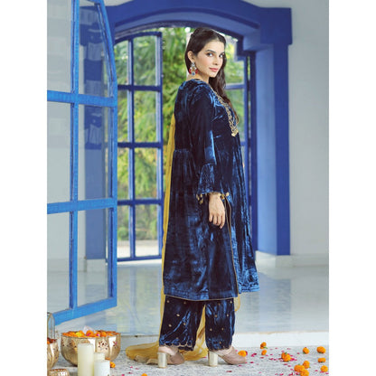 Pairaahan Falak Velvet Embroidered Kurta (Set of 3)