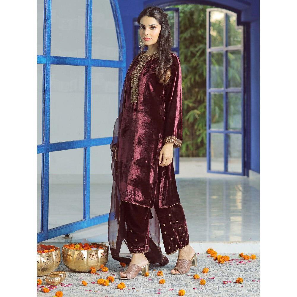 Pairaahan Lyna Velvet Embroidered Kurta (Set of 3)