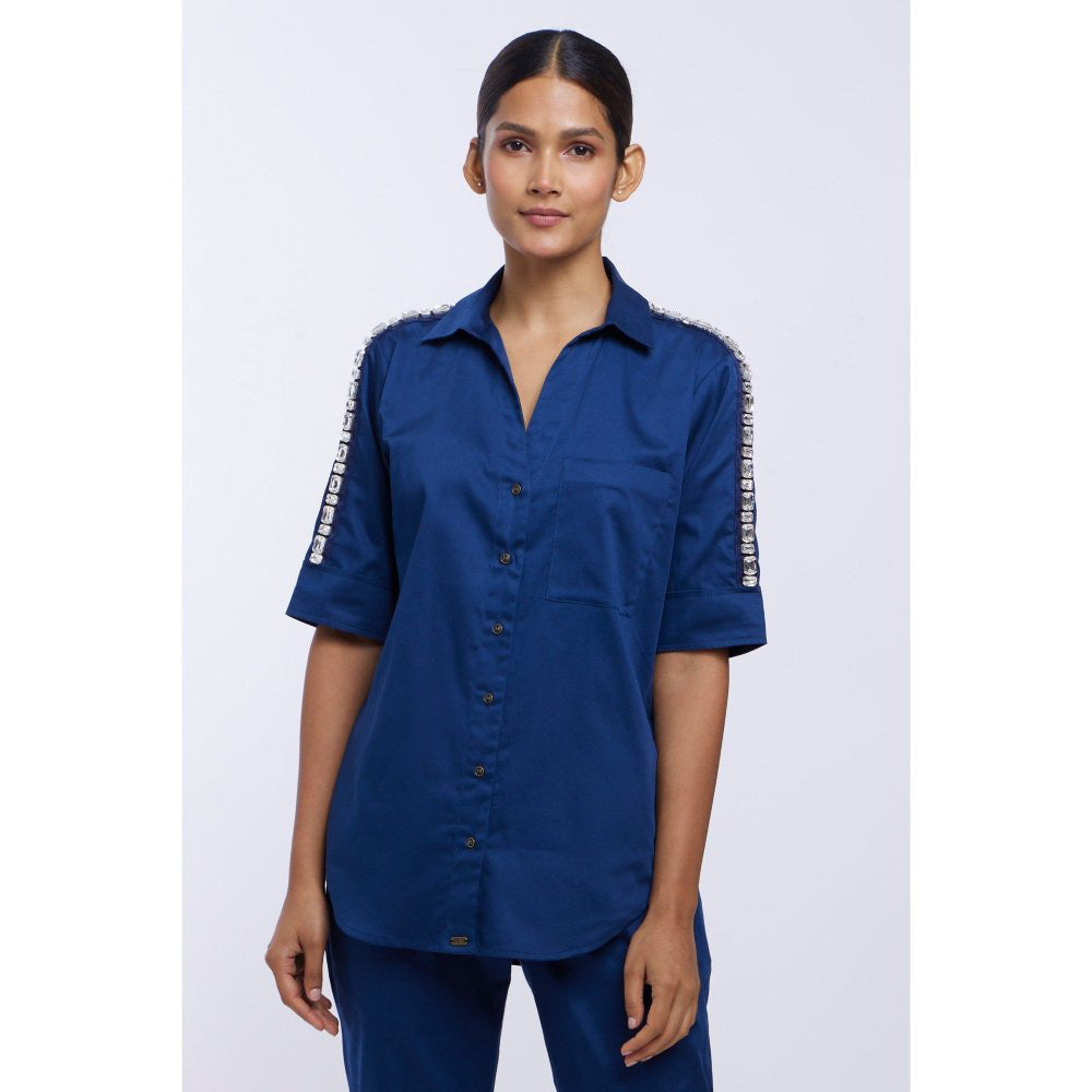 Pallavi Swadi Mid Night Blue Solid Rectangle Swarovski Ribbon Shirt