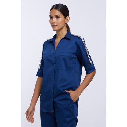 Pallavi Swadi Mid Night Blue Solid Rectangle Swarovski Ribbon Shirt