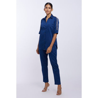 Pallavi Swadi Mid Night Blue Solid Rectangle Swarovski Ribbon Shirt