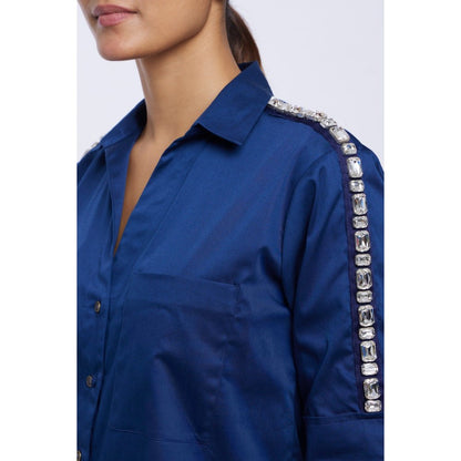 Pallavi Swadi Mid Night Blue Solid Rectangle Swarovski Ribbon Shirt