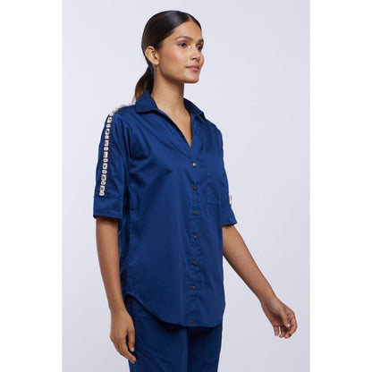 Pallavi Swadi Mid Night Blue Solid Rectangle Swarovski Ribbon Shirt