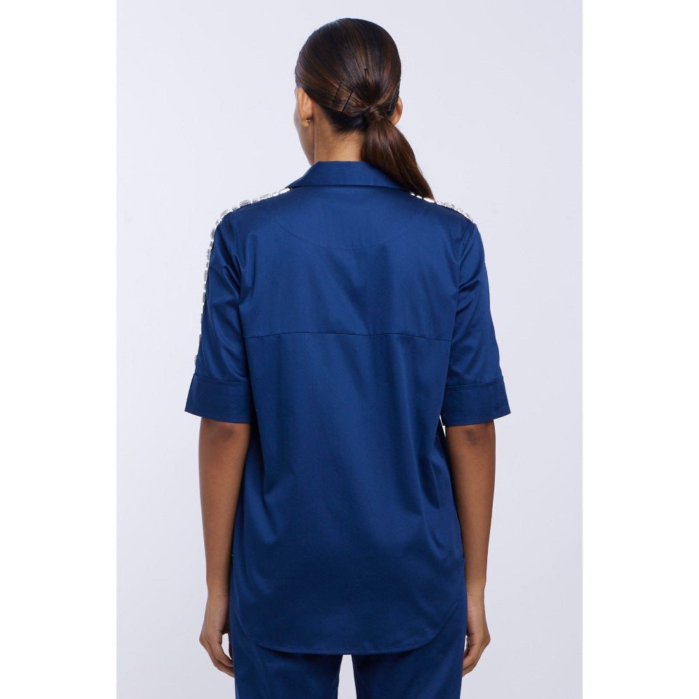Pallavi Swadi Mid Night Blue Solid Rectangle Swarovski Ribbon Shirt