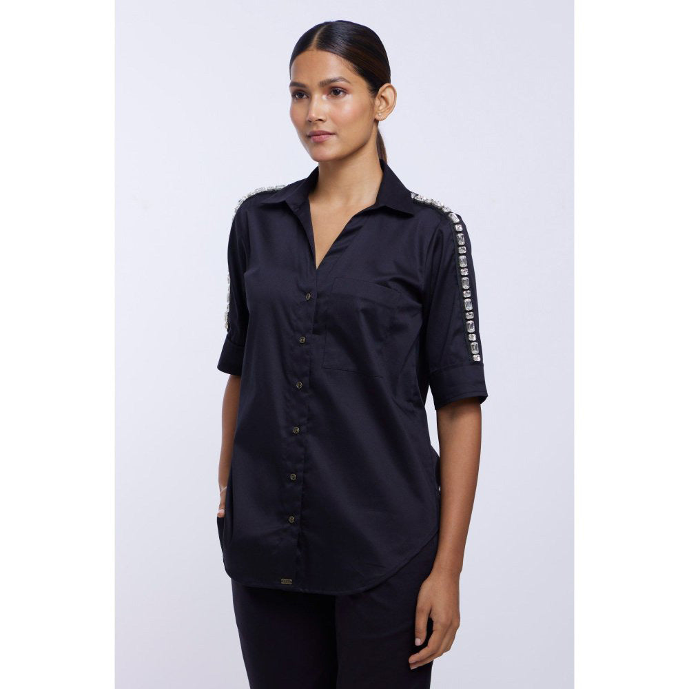 Pallavi Swadi Black Solid Rectangle Swarovski Ribbon Shirt