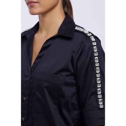 Pallavi Swadi Black Solid Rectangle Swarovski Ribbon Shirt