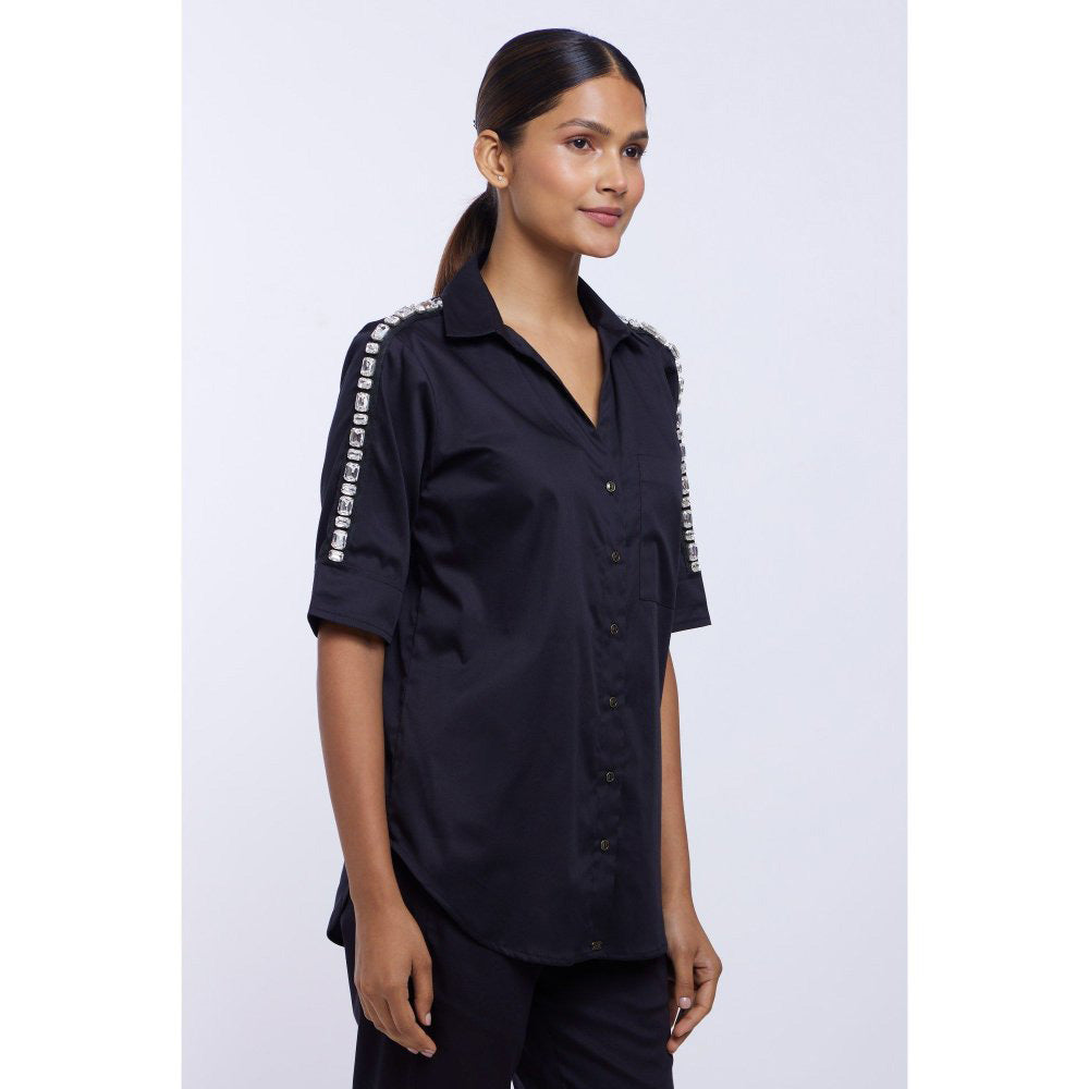 Pallavi Swadi Black Solid Rectangle Swarovski Ribbon Shirt
