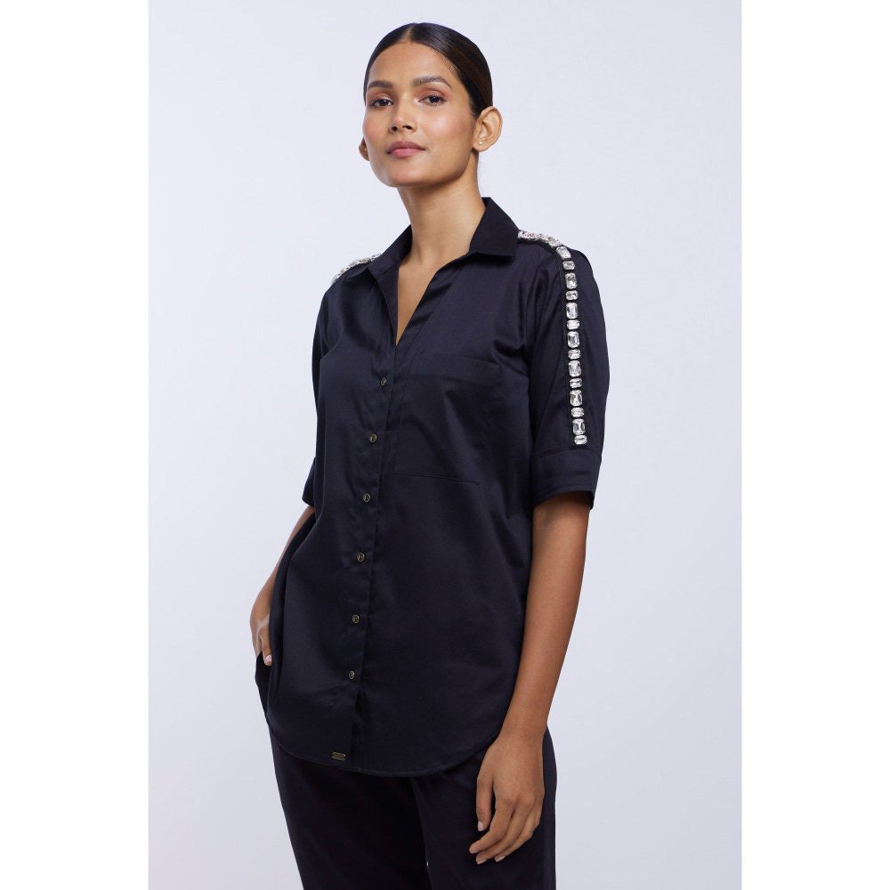 Pallavi Swadi Black Solid Rectangle Swarovski Ribbon Shirt