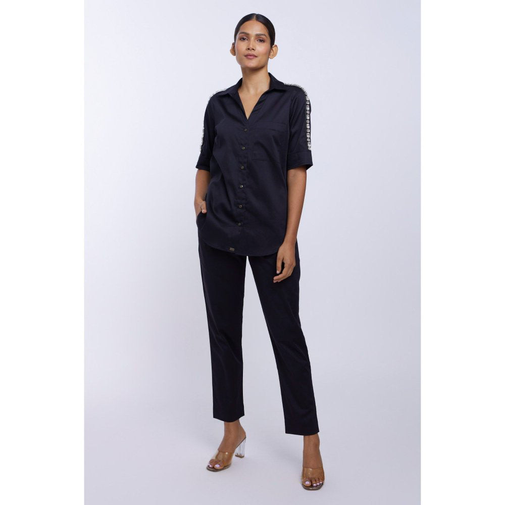 Pallavi Swadi Black Solid Rectangle Swarovski Ribbon Shirt