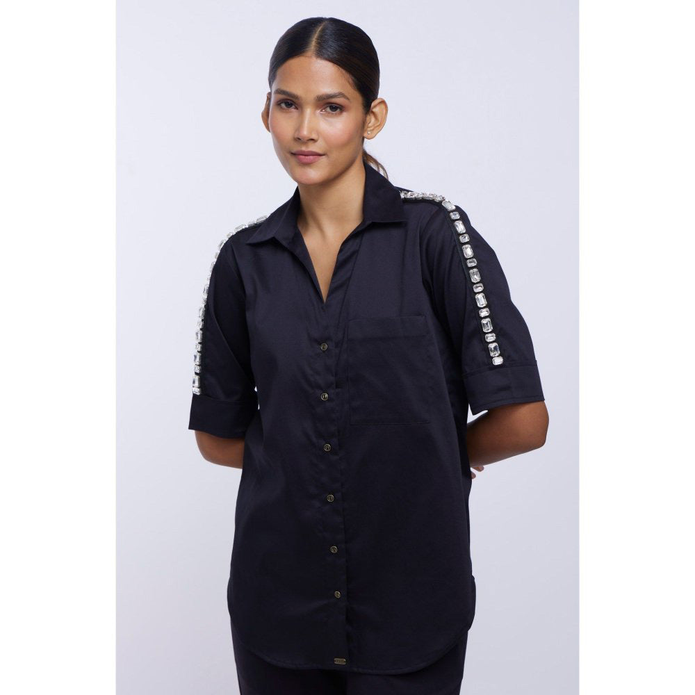 Pallavi Swadi Black Solid Rectangle Swarovski Ribbon Shirt