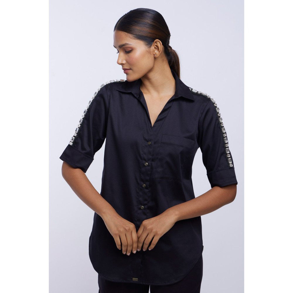 Pallavi Swadi Black Solid Rectangle Swarovski Ribbon Shirt