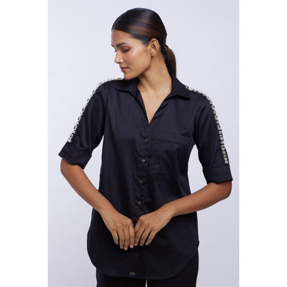 Pallavi Swadi Black Solid Rectangle Swarovski Ribbon Shirt