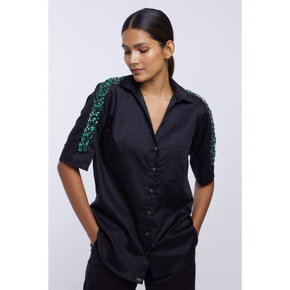 Pallavi Swadi Black Solid Emerald Swarovski Ribbon Shirt