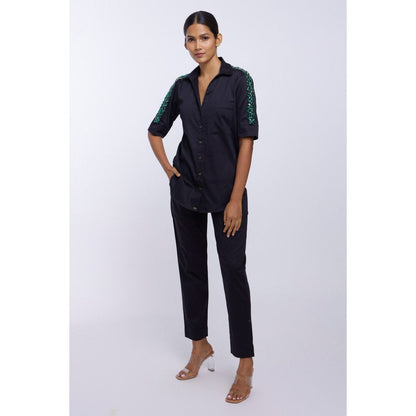 Pallavi Swadi Black Solid Emerald Swarovski Ribbon Shirt