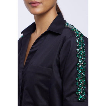 Pallavi Swadi Black Solid Emerald Swarovski Ribbon Shirt
