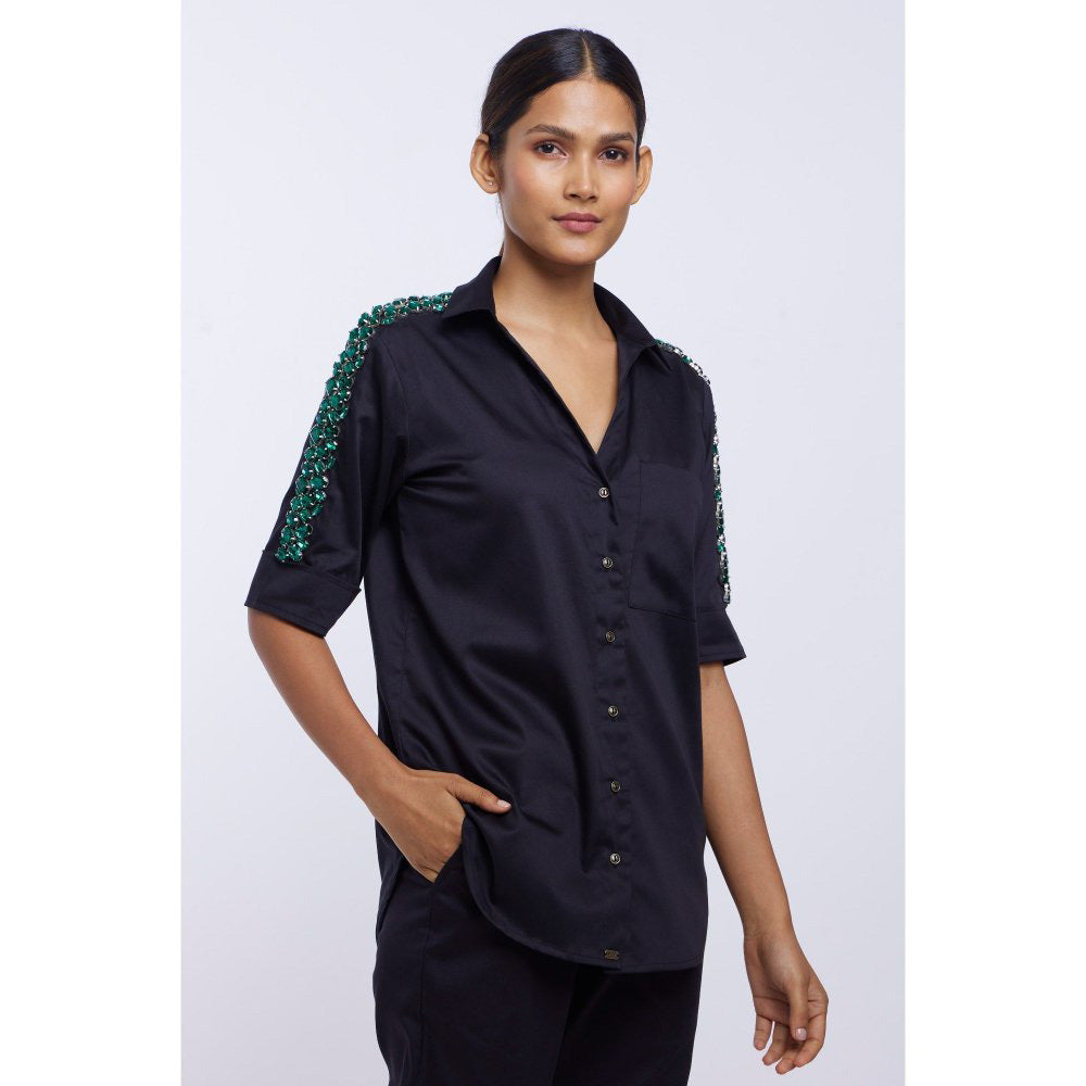 Pallavi Swadi Black Solid Emerald Swarovski Ribbon Shirt