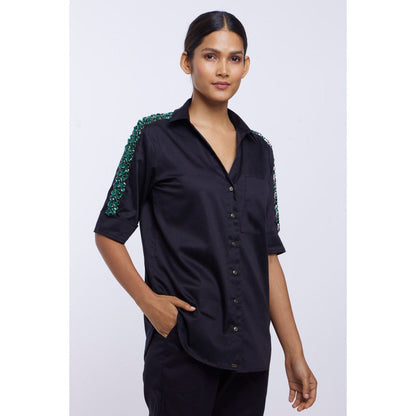 Pallavi Swadi Black Solid Emerald Swarovski Ribbon Shirt