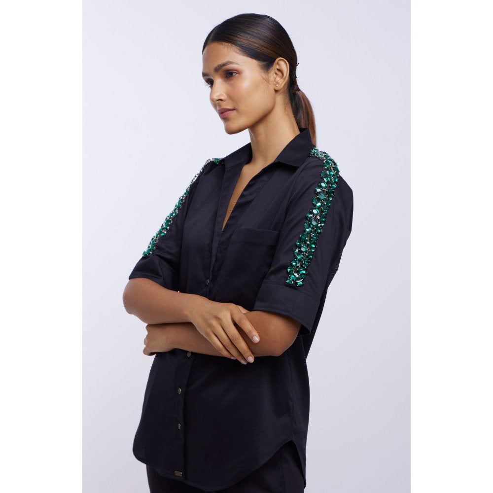 Pallavi Swadi Black Solid Emerald Swarovski Ribbon Shirt