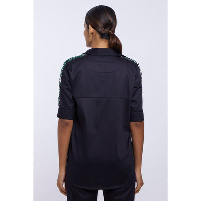 Pallavi Swadi Black Solid Emerald Swarovski Ribbon Shirt