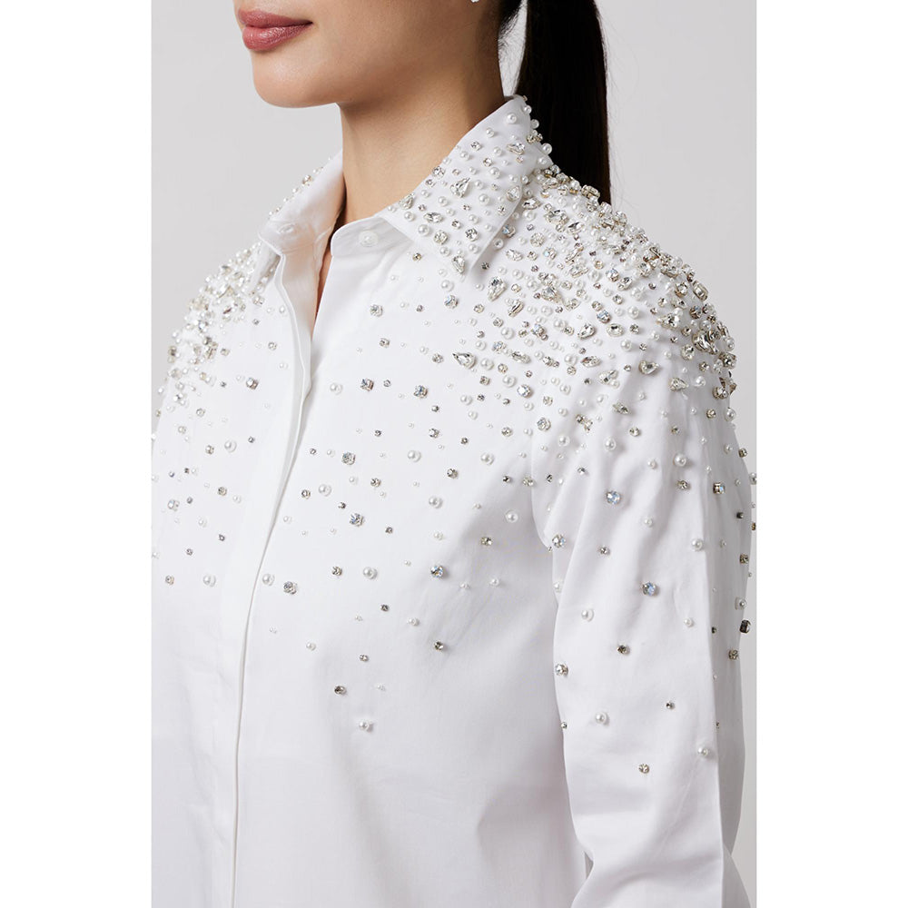 Pallavi Swadi White Encrusted Pearl Swarovski Shirt