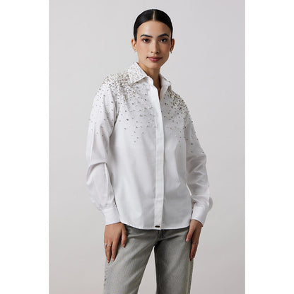 Pallavi Swadi White Encrusted Pearl Swarovski Shirt
