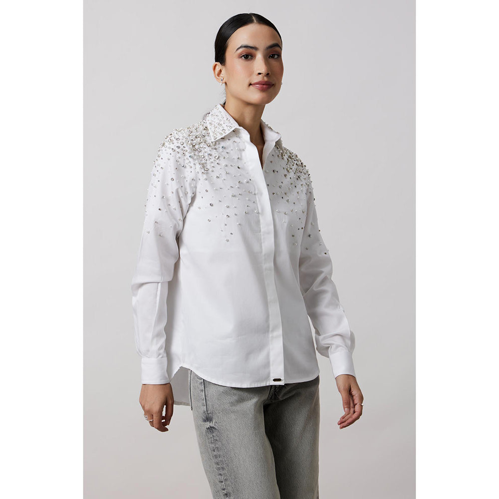 Pallavi Swadi White Encrusted Pearl Swarovski Shirt