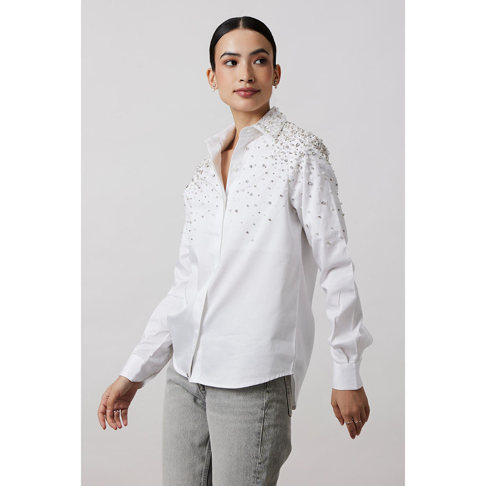 Pallavi Swadi White Encrusted Pearl Swarovski Shirt