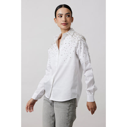 Pallavi Swadi White Encrusted Pearl Swarovski Shirt
