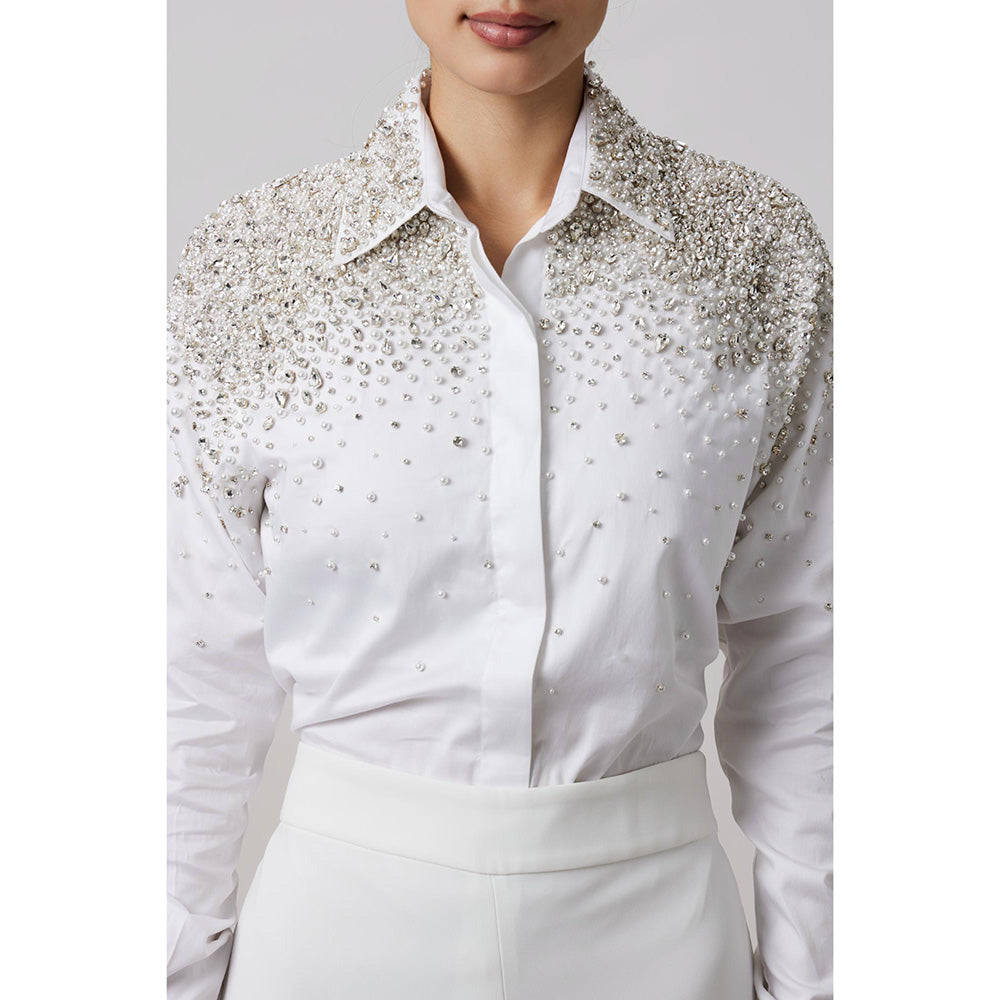 Pallavi Swadi White Heavy Encrusted Pearl Swarovski Shirt