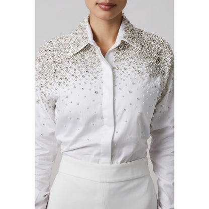 Pallavi Swadi White Heavy Encrusted Pearl Swarovski Shirt