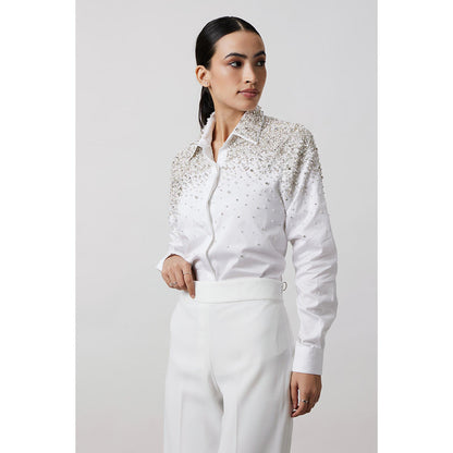 Pallavi Swadi White Heavy Encrusted Pearl Swarovski Shirt