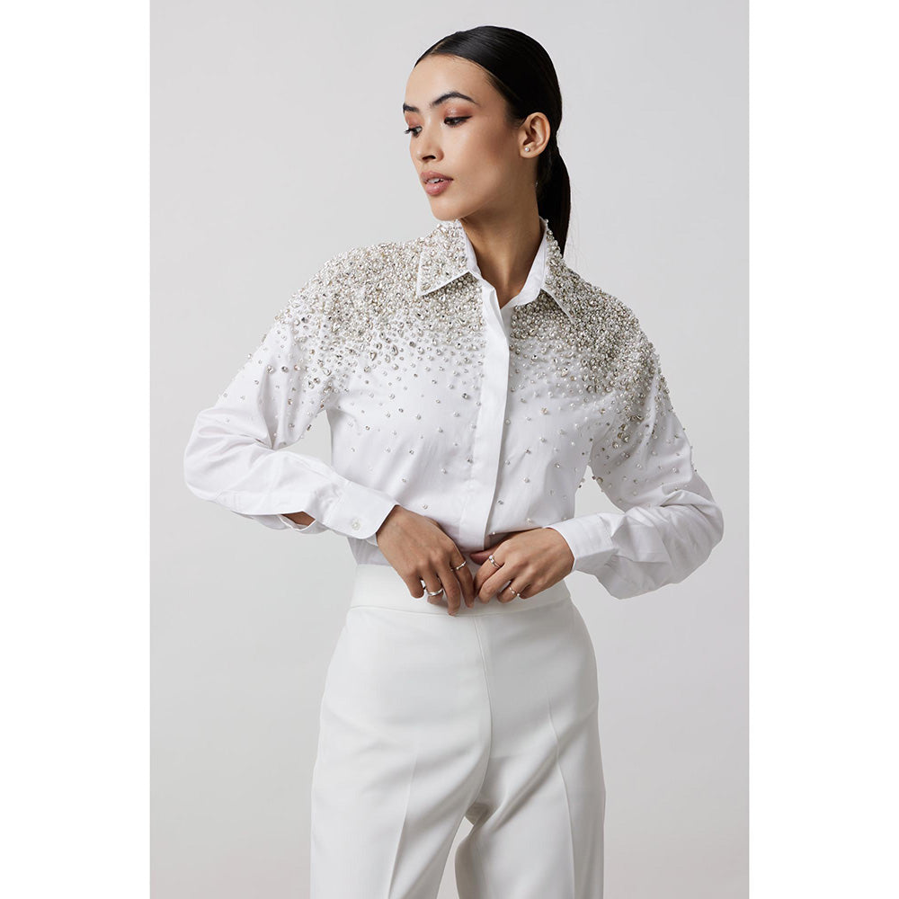 Pallavi Swadi White Heavy Encrusted Pearl Swarovski Shirt