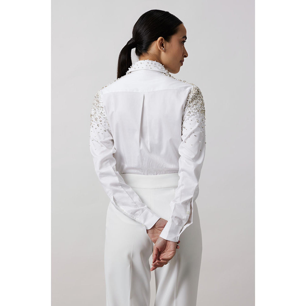 Pallavi Swadi White Heavy Encrusted Pearl Swarovski Shirt