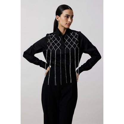 Pallavi Swadi Black Fringe Swarovski Shirt