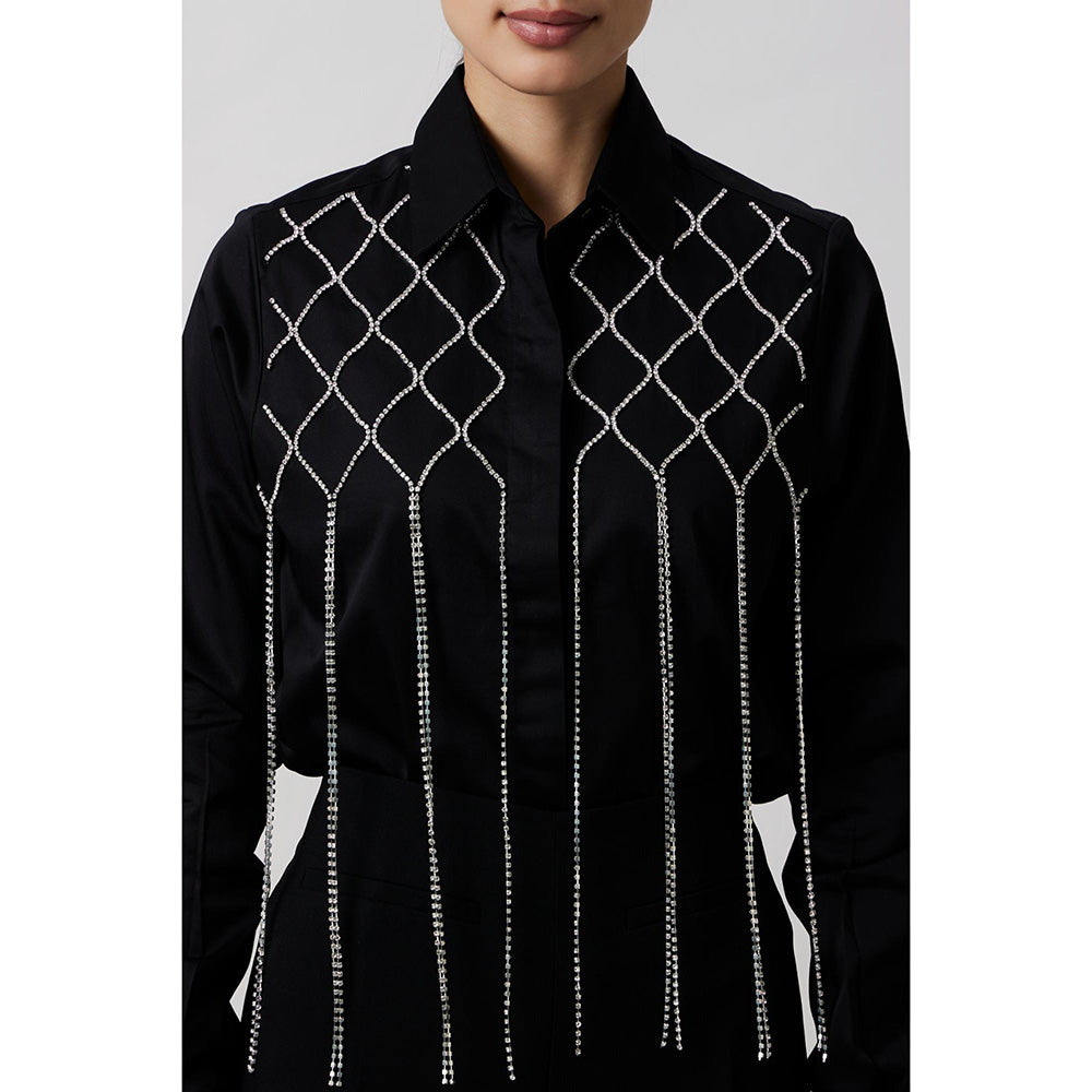 Pallavi Swadi Black Fringe Swarovski Shirt