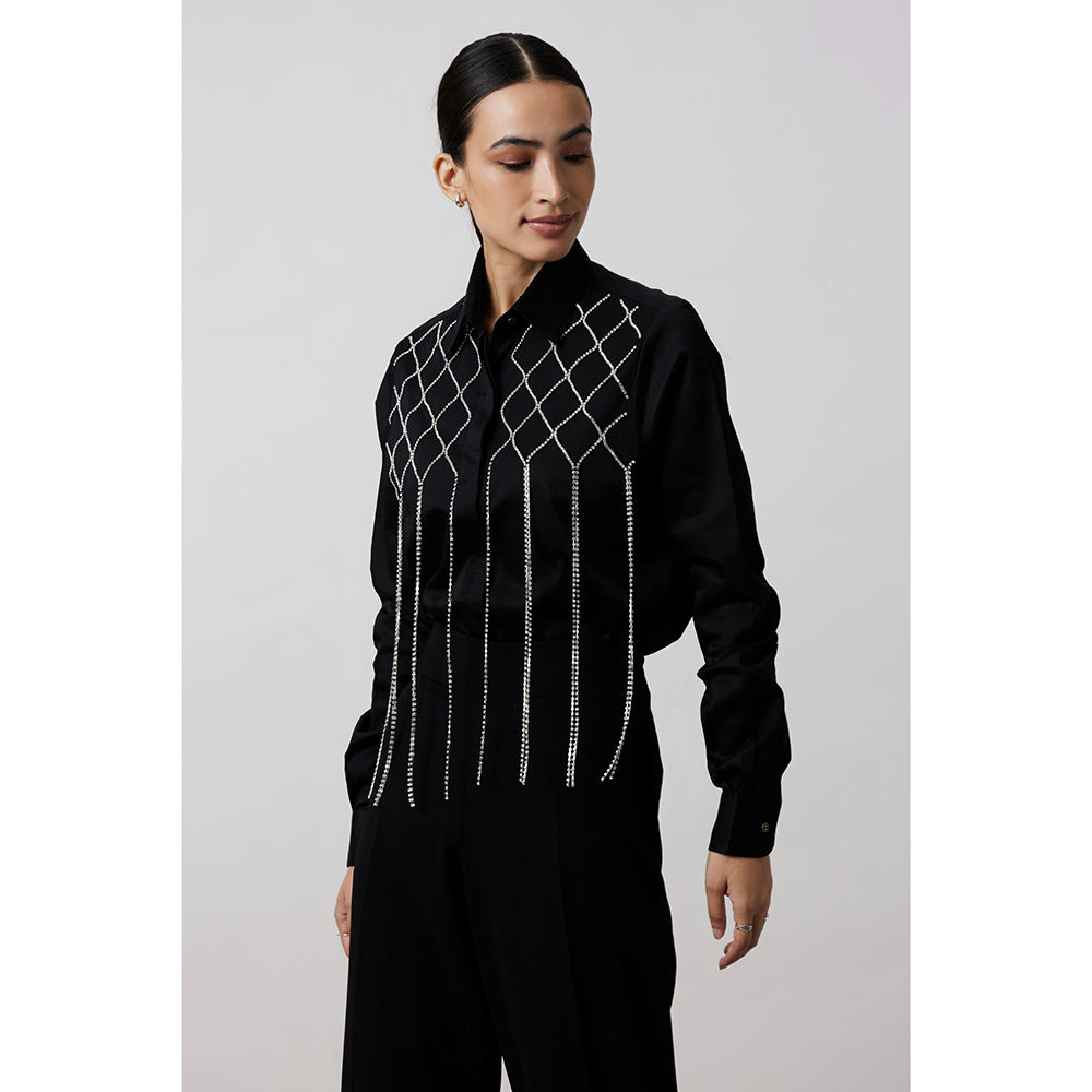 Pallavi Swadi Black Fringe Swarovski Shirt