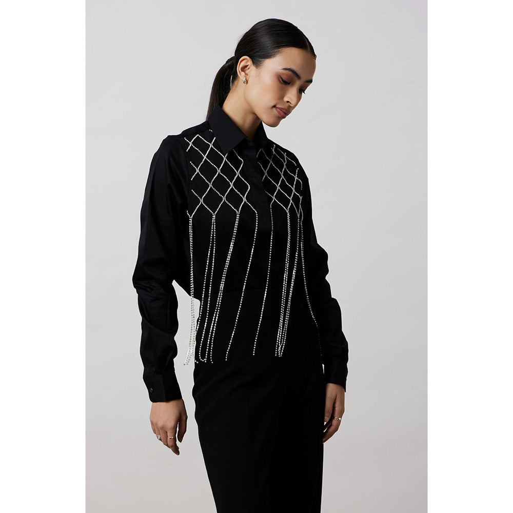 Pallavi Swadi Black Fringe Swarovski Shirt
