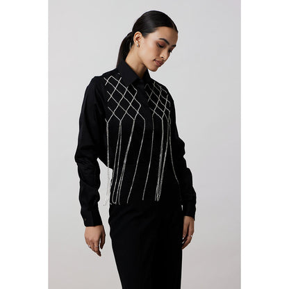 Pallavi Swadi Black Fringe Swarovski Shirt