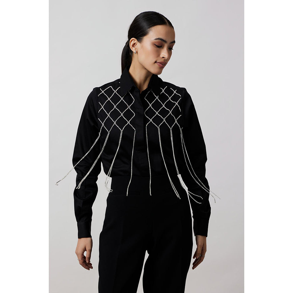 Pallavi Swadi Black Fringe Swarovski Shirt