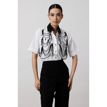 Pallavi Swadi White Fringe Pannel Shirt